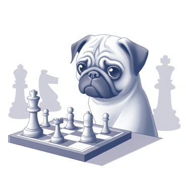 A pug sitting at a chess table, its head tilted slightly as it gazes intently at the chessboard. The chess pieces are set up in a mid-game position, with pawns and rooks visible. The pug's brow is slightly furrowed, exhibiting a look of concentration, as it appears to be considering its next move. The table is adorned with a simple, patterned tablecloth, and the background features blurred outlines of other chess pieces.