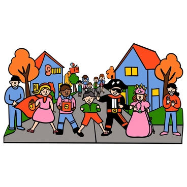 A group of children dressed in various colorful costumes parading through a neighborhood. There is a girl wearing a bright red superhero cape with a mask, and a boy in a pirate outfit complete with a hat and eye patch. Another child is dressed as a princess with a sparkling tiara and a pink dress. The children are smiling and laughing as they walk together, some holding candy bags. Houses with colorful decorations line the street, and there are trees with leaves in shades of orange and yellow. A few parents watch and cheer from the sidewalks.