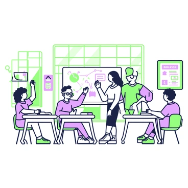 A classroom filled with students from diverse backgrounds seated at individual desks. To the left, a girl with curly brown hair is raising her hand, while a boy with glasses is focused on his notebook. A girl with long black hair is sharing her ideas with a classmate sitting across from her. The teacher, standing near a whiteboard filled with colorful diagrams, is engaging the class. Various educational posters adorn the walls, showcasing different cultures and languages. Sunlight streams through large windows, illuminating the space.