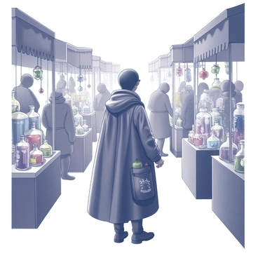 A magical explorer is standing in a lively market scene. The explorer is dressed in an intricately designed cloak with various pockets, filled with small trinkets. Surrounding them are numerous market stalls, each displaying an array of potions in various bottles, shimmering with mysterious contents. Charms and amulets hang from strings, catching the attention of passersby. The stalls are adorned with colorful fabrics and banners, creating a vibrant atmosphere. People of different races and backgrounds are interacting, some haggling, while others admire the magical artifacts on display. A sense of wonder and curiosity fills the air as the explorer browses, intrigued by the magical offerings around them.