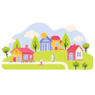 A miniature village with tiny colorful houses constructed from various pills, each house featuring a distinct shape and color. The houses are arranged along a winding path, with small gardens made of tiny seeds and pebbles in front of them. In the center of the village, there is a small fountain made from a shiny silver capsule. Surrounding the village are lush green grass and tiny trees resembling broccoli florets. Above the village, a clear blue sky with fluffy white clouds completes the scene.