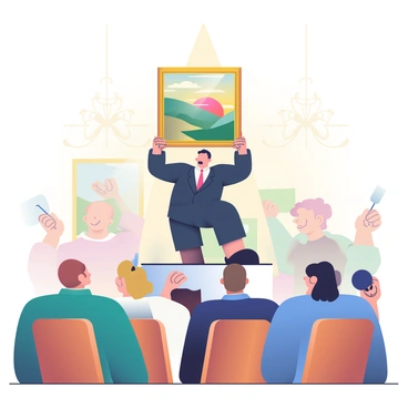 An auctioneer with short, dark hair and wearing a formal black suit is standing on a raised platform, holding up a classic painting framed in gold. The painting features a landscape scene with rolling hills and a vibrant sunset. Below the auctioneer, a diverse group of bidders is gathered, with several individuals raising paddles high in the air to signal their bids. The auction house is filled with wooden chairs, and the walls are adorned with various artworks. In the background, a large chandelier casts soft light over the scene, creating an atmosphere of excitement and competition.