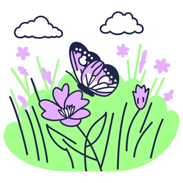 A butterfly is resting on a cornflower in a meadow. The butterfly has intricate patterns on its wings, showcasing various designs. The cornflower is blooming brightly with sharp petals and a defined center. Surrounding the cornflower, tall grass sways gently in the breeze. In the background, a series of wildflowers can be seen scattered throughout the meadow, adding to the scene. The sky above is clear, indicating a sunny day, with a few fluffy clouds visible in the distance.