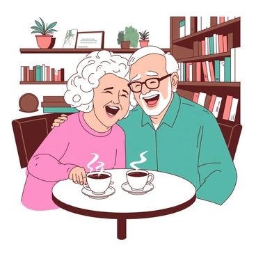 Two old friends are sitting at a small round table in a cozy cafe. One friend, a woman with curly hair, is wearing a pink sweater, while the other friend, a man with glasses, is dressed in a teal jacket. They are both laughing heartily, with bright smiles on their faces. The cafe has warm lighting, and there are coffee cups in front of them, with steam rising from the beverages. In the background, there are shelves lined with books and potted plants, creating a comfortable atmosphere. The scene captures a moment of joy and warmth between the friends as they embrace each other.
