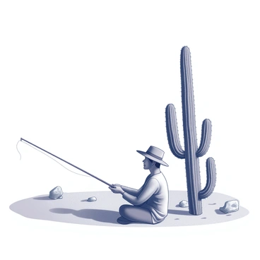 A fisherman positioned on the ground, engaged in casting a fishing line. He is sitting cross-legged beside a tall cactus with multiple arms, exhibiting a spiky texture. The desert landscape surrounds them, featuring a sandy terrain with scattered rocks and sparse vegetation. The fisherman is dressed in a wide-brimmed hat and loose-fitting clothing, concentrating on his task. The sun casts distinct shadows on the ground, adding depth to the scene.