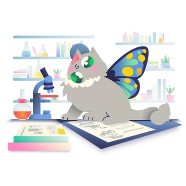 A hybrid creature with the body of a small cat and vibrant butterfly wings is perched on a wooden desk in a research environment. The cat's fur is a soft gray with hints of white, and its large, expressive eyes are a bright green. The butterfly wings are colorful, featuring intricate patterns of blue, yellow, and orange. Surrounding the creature are various scientific instruments, including a microscope and glass beakers filled with colorful liquids. A stack of research papers is partially visible, covered with notes and sketches of different animals. The background includes shelves lined with books and small plants, creating a lively atmosphere.