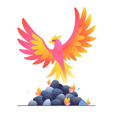 A vibrant phoenix is rising from a pile of gray and black ashes, its wings spreading wide. The wings are glowing with fiery colors, including shades of red, orange, and yellow, creating a striking contrast against the dark backdrop. The feathers appear to shimmer as they catch the light, radiating warmth. The body of the phoenix is sleek and majestic, with bright, iridescent plumage that reflects the flames surrounding it. The ashes are scattered beneath, with small embers flickering, adding to the sense of rebirth and transformation. The scene captures the dynamic motion of the phoenix as it ascends into the air.