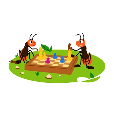 Two ants sitting at a small wooden chessboard engaged in a game. The chess pieces are crafted from various seeds, displaying a mix of colors and shapes. One ant is focused, with its antennae raised as it studies the board, while the other looks determined, ready to make a move. The background is a soft green, resembling grass, with scattered leaves adding a natural touch. The chessboard is surrounded by tiny pebbles and bits of dirt, emphasizing the outdoor setting.