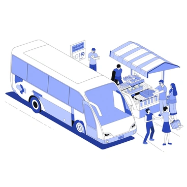 An electric bus is moving along a busy street market. The bus has a sleek, modern design with large windows and a prominent logo on the side. Vendors are lined up along the street, displaying an array of colorful goods, including fruits, vegetables, and handmade crafts. Shoppers are engaged in lively discussions as they browse the stalls. Some are carrying shopping bags while others are examining items closely. The street is bustling with activity, and various market signs are visible, adding to the vibrant atmosphere.