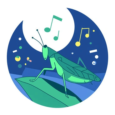 A teal grasshopper is perched on a green leaf, its antennae delicately raised as it composes a new song under a white moonlit sky. The moon casts a soft glow over the grasshopper, illuminating its intricate wings. Surrounding the grasshopper, vibrant music notes in various sizes float through the air, creating a whimsical atmosphere. The scene captures the essence of nighttime creativity and the joyful spirit of music.