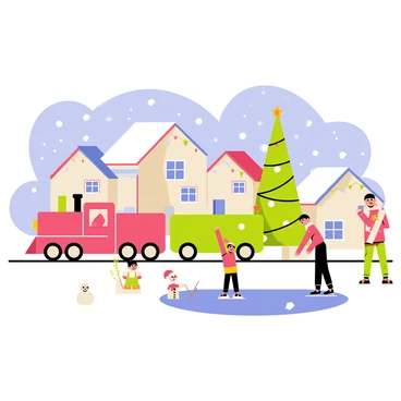 A miniature holiday train set with vibrant red and green cars is winding through a snowy village. The village features quaint houses with colorful decorations, including strings of twinkling lights and wreaths on the doors. Snowflakes are gently falling from a clear blue sky. A tall Christmas tree adorned with shiny ornaments and a star on top stands in the village square. Children are building a snowman nearby, while a couple ice skates on a small frozen pond. The scene is filled with holiday cheer and festive atmosphere.