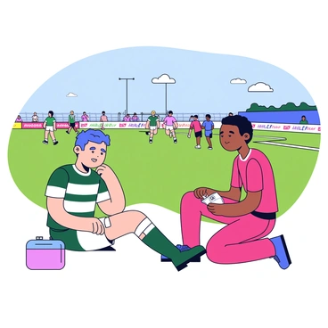 A rugby player wearing a green and white striped jersey is sitting on the sidelines, looking distressed due to an injury. He has a bandage wrapped around his knee, and a medical staff member is kneeling beside him, checking his injury. The medical staff member is dressed in a red uniform and is holding a small medical kit. In the background, a rugby field is visible with other players continuing the match, and a few spectators are watching from the sidelines. The sky is clear and bright, indicating a sunny day.