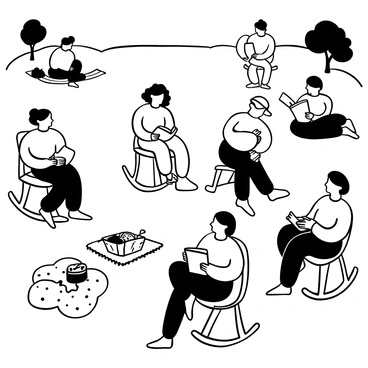 A group of several people sitting and relaxing in a park. Some individuals are engaged in conversation while others are reading books. A few scattered rocking chairs are positioned around, with one person gently rocking back and forth. Trees provide shade in the background, and there are grassy areas where others are picnicking. A blanket is laid out on the grass, with a basket of food beside it. The scene captures a leisurely day in the park.