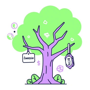 A large tree stands in the center of the image, its trunk thick and textured, showcasing the strength of its roots. The branches extend outward in various directions, creating a wide canopy. Hanging from several branches are symbols of different financial opportunities. One prominent branch holds a labeled tag that reads "Roth Conversion", clearly visible among other tags that represent various investment options. The leaves of the tree are lush, adding a sense of vitality to the scene. The background contains subtle hints of additional financial elements, enhancing the theme of financial growth and opportunities.