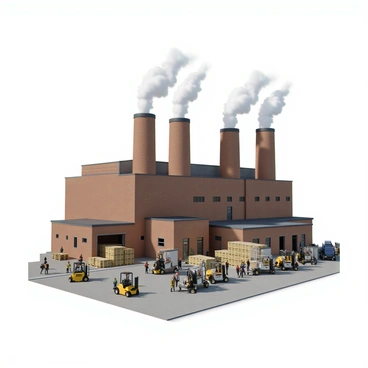 A large state-owned factory building with multiple smokestacks emitting white smoke into the blue sky. The factory has a sturdy brick exterior and large glass windows. In front of the factory, busy workers in safety gear are engaged in various tasks. Some workers are operating machinery, while others are transporting materials using forklifts. There is a loading dock with pallets stacked high, and several vehicles are parked nearby. The scene conveys a sense of industrious activity and productivity.