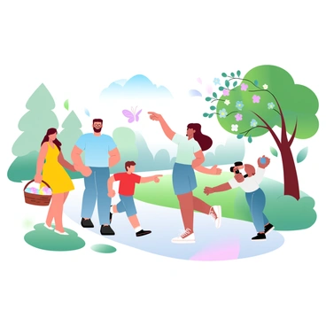 A group of five people is walking leisurely along a winding path in a vibrant park. The first person is a woman wearing a bright yellow sundress, holding a sunhat in one hand. Next to her, a man in a light blue shirt is smiling and carrying a picnic basket. Behind them, a child in a red t-shirt is running ahead, chasing a colorful butterfly. Another woman in a green blouse is pointing at a tree filled with blooming flowers. The last person, a man in a white t-shirt, is holding a camera, ready to take pictures of the lively scene. In the background, various trees with lush green leaves create a serene atmosphere. The sun casts warm light over the entire scene, enhancing the vibrant colors of the park.