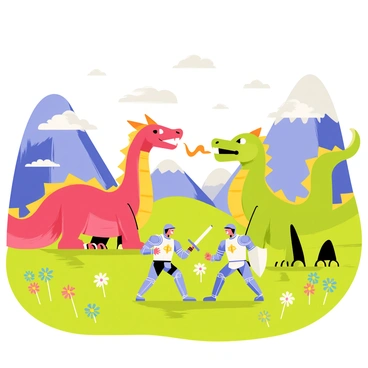 A dynamic battle scene featuring two knights in shining armor, one wielding a sword and the other holding a shield. They are facing off against two large, fierce dragons with vibrant scales, one red and the other green. The knights are positioned at the edge of a lush valley, with steep hills in the background. Bright green grass covers the valley floor, and colorful wildflowers are scattered throughout. The dragons are breathing fire, creating bursts of orange and yellow flames. The sky above is filled with fluffy white clouds, adding depth to the scene.