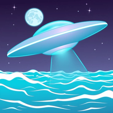 A sleek, metallic UFO with a silver finish hovering above the ocean. The craft has bright, pulsating lights along its circumference, casting an ethereal glow. Below, the ocean's surface is covered in vibrant waves, reflecting shimmering silver and blue hues from the moonlight. The sky is dotted with stars, while the moon casts a clear, bright light that accentuates the movement of the waves beneath the hovering spacecraft.