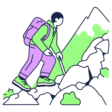 A hiker is ascending a rocky path, showcasing their determination and skill. The hiker is wearing a bright jacket and cargo pants, with a backpack secured to their back. Their shoes are prominently featured, gripping the uneven stones of the path with clear tension created by static friction. The rocks beneath the shoes are jagged and vary in size, while patches of resilient green vegetation emerge from the cracks in the stones. The background reveals a steep incline, leading towards a distant mountain peak.