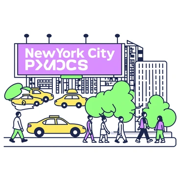 A digital billboard featuring the text "New York City Taxis" prominently displayed in bright visuals. Above the street, the billboard is illuminated and visible to pedestrians below. The street is bustling with activity, showing a variety of yellow taxis in motion. People are walking along the sidewalk, some looking up at the advertisement, while others are engaged in conversations. Skyscrapers with reflective windows frame the scene, adding to the urban atmosphere.