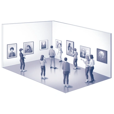 A gallery space with several illustrations hung on white walls. The illustrations feature various subjects and styles, creating a diverse visual experience. There are multiple visitors present in the gallery, engaged in admiring the art pieces. Some are standing close to the walls, studying the details of the illustrations, while others are conversing with each other about the artworks. The floor is polished, and there is a sense of openness in the layout, allowing for an unobstructed view of the art on display.