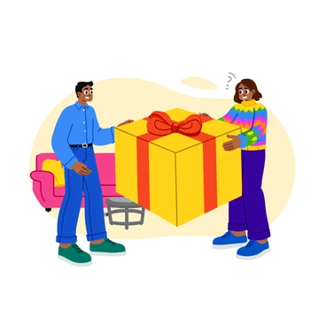 A person with a worried expression standing in front of a friend who is holding a brightly wrapped gift. The person has short, dark hair and is wearing a casual blue shirt. The friend has long hair and is smiling, dressed in a colorful patterned sweater. The background includes a cozy living room with a couch and a small table. The gift is large and features a shiny red bow on top, drawing attention to the interaction between the two individuals.