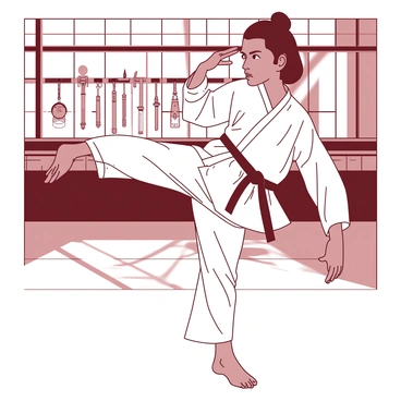 A skilled martial artist is executing a high kick in a spacious dojo. The martial artist, wearing a white uniform, has one leg extended upwards with the foot poised in a dynamic kicking position. The background features traditional dojo elements, including wooden flooring and a row of martial arts weapons displayed on the wall. Sunlight streams through large windows, casting shadows and highlighting the martial artist's focused expression. The atmosphere conveys a sense of discipline and intensity.