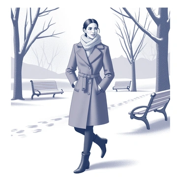 A woman wearing a fashionable winter coat is walking along a path in a snowy park. The coat is tailored, featuring a cinched waist and a stylish collar. Her hair is tied back, and she is wearing a knitted scarf that wraps around her neck. The park is lined with snow-covered trees, their branches heavy with white snow. The ground is blanketed in a thick layer of snow, with footprints trailing behind her. In the background, there are park benches dusted with snow and a soft, cloudy sky above.