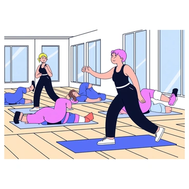 An instructor is demonstrating a pilates exercise in a modern studio environment. The studio features large mirrors that reflect the instructor and the students. The instructor is wearing a fitted black workout outfit and has a confident posture. Several students, dressed in colorful athletic wear, are following the instructor's lead on their mats. Natural light floods the studio through large windows, highlighting the sleek design and wooden flooring.