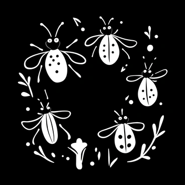 An arrangement of various species of fireflies, each depicted at different sizes and with distinct glowing patterns. The fireflies are positioned in a circular formation, showcasing their bioluminescent light emitted from their lower bodies. The larger firefly is on the left, with a pronounced glow, while smaller fireflies are on the right, each producing a subtle glow. The background features a dark forest setting, with scattered leaves and branches, enhancing the visibility of the fireflies. Each species is accurately represented, illustrating their unique characteristics and glow intensity.