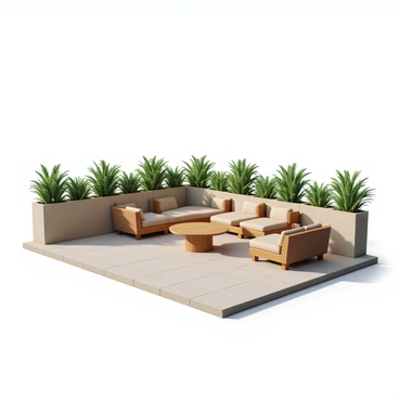 A clean terrace with smooth, light-colored tiles and a contemporary design. There are several comfortable seating options, including plush chairs with soft cushions in earth tones. A small, round table made of polished wood sits at the center, surrounded by the seating. Neatly arranged in rows, vibrant green plants in decorative pots add a touch of nature to the space. Above, a clear blue sky provides a bright backdrop, enhancing the inviting atmosphere of the terrace.