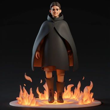 A character, wearing a dark cloak and sturdy boots, walks confidently over a path of glowing embers. The embers illuminate the ground with an orange glow, contrasting with the character's attire. The character's face shows determination, with a furrowed brow and a slight smile. The surrounding environment is dark, enhancing the brightness of the embers. The character's posture is upright, with one foot raised mid-step, showcasing their unwavering resolve.