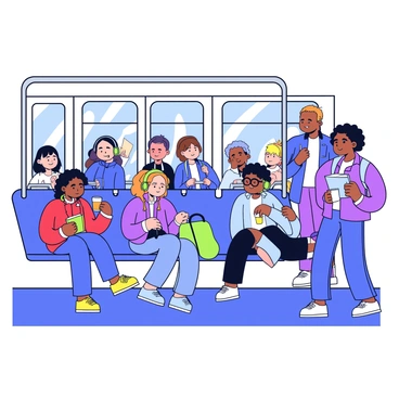 A diverse group of commuters inside a city bus. There are several individuals sitting on the blue seats, including a woman with curly hair wearing a red scarf, a man with glasses reading a book, and a teenager with bright green headphones. Standing near the aisle is a woman with a backpack and a man holding a coffee cup. The interior of the bus has metal poles and windows showing a glimpse of the city outside. Each commuter has a focused expression, engaged in their own activities.
