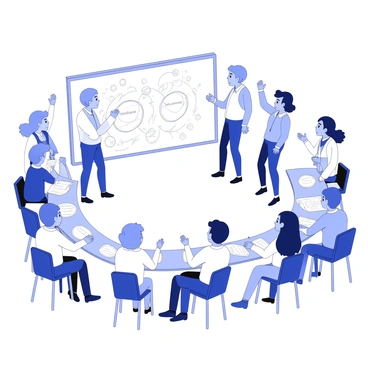 A classroom filled with students engaged in brainstorming activities. In the center of the room, there is a large whiteboard displaying a central concept surrounded by various ideas that visually expand outward. Students of different ages and backgrounds are scattered around, some sitting at desks while others are standing, actively discussing. Some students are raising their hands to contribute, while others are writing notes or drawing connections between ideas on paper. The atmosphere is dynamic, with expressions of concentration and enthusiasm evident on the faces of the students.