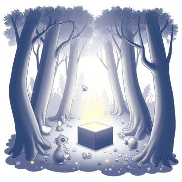 A mystical forest scene featuring a glowing illustration box surrounded by enchanted creatures and flowers.