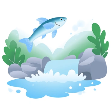 A flying fish is leaping gracefully above the surface of a mountain stream. The water cascades down smooth rocks, creating foamy white splashes as it flows. Vibrant green foliage surrounds the stream, with the sunlight filtering through the leaves. The fish glimmers in the light, showcasing its iridescent scales. Mist rises from the rushing water, adding a soft, ethereal quality to the scene.