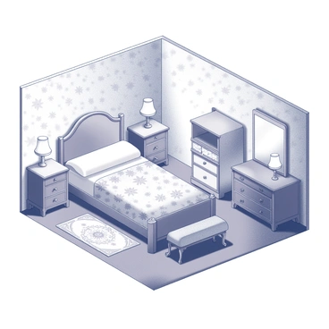 An isometric view of a vintage-style bedroom. The room contains a wooden bed with a curved headboard, adorned with a floral-patterned quilt. There are two matching antique nightstands on either side of the bed, each holding a small lamp with a delicate shade. A wooden dresser with ornate carvings is positioned against one wall, topped with a round mirror. The walls are decorated with floral wallpaper, adding to the vintage aesthetic. Soft lighting emanates from the lamps and a ceiling fixture, casting gentle shadows throughout the room. A rug with intricate designs lies on the floor, adding warmth to the space.