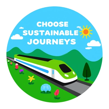 A vibrant poster promoting "eco-friendly travel" on the "airport express." The background features a bright blue sky with fluffy white clouds. In the foreground, a sleek, green train with a modern design is gliding along tracks with lush greenery on either side. Various trees, plants, and flowers are illustrated to emphasize the environmental theme. In the top corner, there is a sun symbol with rays shining down, symbolizing clean energy. The text "Choose Sustainable Journeys" is prominently displayed in bold letters, alongside an image of a globe surrounded by arrows indicating movement.