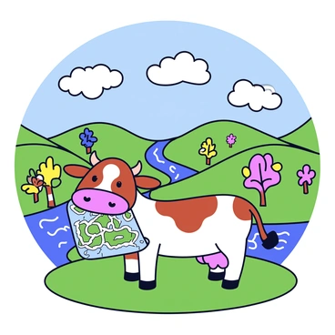 A two-headed calf with brown and white patches stands on a grassy hill. Each head has large, curious eyes and a small pink nose. The calf holds a colorful map in its mouth, showing winding paths and landmarks. In the background, there are rolling green hills dotted with vibrant flowers and a bright blue sky filled with fluffy white clouds. There is a winding river that sparkles in the sunlight, and a few whimsical trees with unusual shapes scattered throughout the landscape.