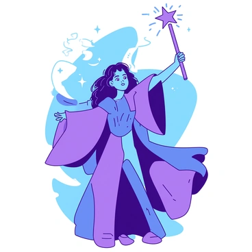 A blue figure of a girl named "Meg" is standing confidently with her arms raised, holding a wand above her head. Around the wand, there are sparkling, twinkling stars in various sizes, creating a magical effect. Meg has flowing hair that seems to sway as if caught in a gentle breeze, and she is wearing a long, flowing purple robe that billows around her. The background is filled with a gradient of blue and purple, adding to the mystical atmosphere of the scene.