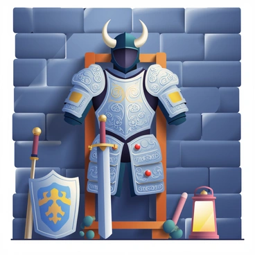 A set of ornate battle armor hangs on a wooden stand in a dimly lit armory. The armor is intricately designed with silver and gold engravings depicting mythical creatures and swirling patterns. A polished black helmet rests atop the armor, featuring sharp horns that curve gracefully upward. The breastplate glimmers subtly in the low light, adorned with gemstones that reflect faint hues of red and blue. Surrounding the armor are various weapons, including a large sword with a jeweled hilt and a sturdy shield emblazoned with a fierce emblem. Shadows play across the stone walls, adding depth to the scene, while a soft glow emanates from a nearby lantern, illuminating the armor in a warm light.