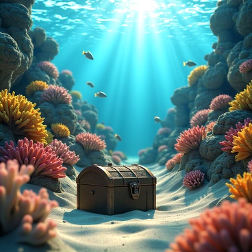 An underwater set with vibrant coral reefs, schools of fish, and a sunken treasure chest