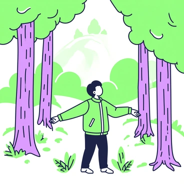A person standing in a dense forest, arms outstretched, inhaling deeply