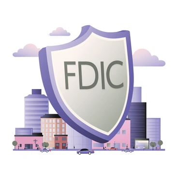 A large protective shield with the "FDIC" logo is hovering prominently over a cityscape. The shield is semi-transparent and casts a soft blue glow. Below, the city features a mix of modern and traditional buildings, with various heights and architectural styles, including glass skyscrapers and brick structures. The streets are bustling with small vehicles and pedestrians, and a few trees are visible lining the sidewalks. The sky above is clear with a few scattered clouds, creating a sense of stability and security provided by the shield.