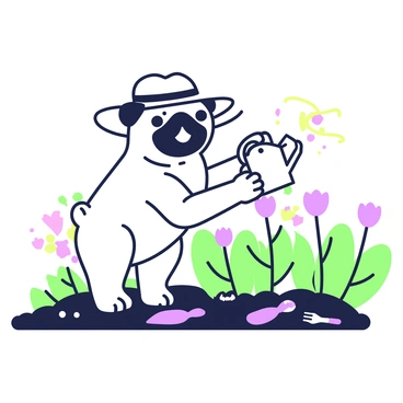 A pug is standing in a garden, wearing a wide-brimmed sun hat. The pug has a cheerful expression as it tends to the plants. In its paws, it holds a tiny watering can, which is being tilted slightly to sprinkle water on a row of vibrant flowers. The garden features a variety of plants, including colorful blooms and green leaves surrounding the pug. A small patch of soil is visible, with a few garden tools resting nearby. The sun hat is adorned with a small band, adding a charming detail to the pug's appearance.