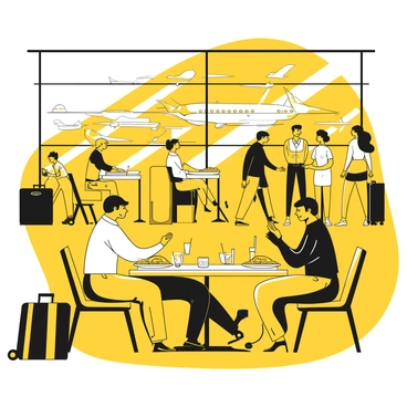 A group of travelers sits at a table in a bustling airport restaurant. They are enjoying a meal together, with plates of food in front of them, including salads, sandwiches, and drinks. The restaurant features large windows that offer a view of airplanes on the tarmac. Bright sunlight streams in through the windows, illuminating the scene. Passengers can be seen in the background, some standing in line and others carrying luggage. The atmosphere is vibrant and lively, filled with conversations and the aroma of freshly prepared meals.