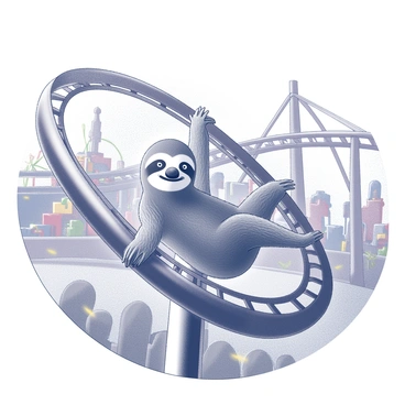 A sloth clinging tightly to the safety bar of a rollercoaster. Its body is positioned with arms extended outwards, gripping the bar securely. The rollercoaster features a series of steep drops and sharp turns, with tracks visible above and below. The environment includes amusement park elements such as colorful ride structures in the background and excited people watching the rollercoaster from below. The sloth has a look of concentration and thrill on its face, emphasizing its unique presence in this dynamic setting.