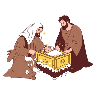A brown-robed Wise Man kneels beside the manger, offering a large golden chest filled with gold coins. The chest is ornate, with intricate carvings and a shiny surface that reflects the light. In the manger, a serene baby Jesus is wrapped snugly in white cloth, surrounded by straw. The Wise Man gazes down with reverence at the child. A soft glow emanates from the scene, illuminating the expressions of awe and devotion on the faces of the nearby animals, including a donkey and a sheep.