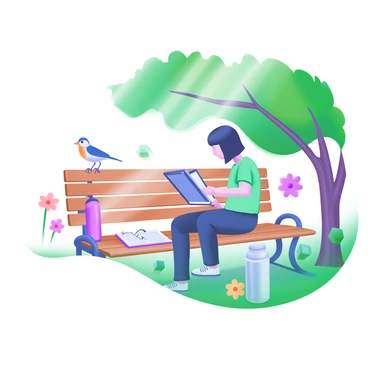 An editor sitting on a wooden bench in a park, focused on a tablet in their hands. The editor has short black hair and is wearing casual attire. Lush green trees can be seen in the background, with sunlight filtering through the leaves, casting dappled shadows on the ground. A few colorful flowers are blooming nearby, adding a pop of color to the scene. There is a water bottle resting beside the editor, and a small notepad is placed on the bench. A gentle breeze rustles the pages of the notepad, while a few birds are perched on a nearby branch, observing the editor.