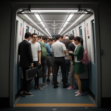 A metro train, packed with passengers, is traveling through a dimly lit tunnel. The interior of the train is filled with people standing closely together, some holding onto the overhead handrails. There are men and women of various ages, wearing business attire, casual clothing, and backpacks. A man with a briefcase is standing near the door, while a woman is scrolling on her phone, seemingly engrossed in her screen. The walls of the train display advertisements, and the ceiling lights cast a soft glow over the crowded scene. The floor is adorned with the usual stains and scratches from years of use.